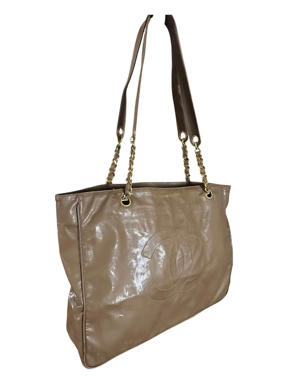 RARE Chanel Vintage XL CC Coated Canvas Chain Tote Brown 3 Series w/Auth Card